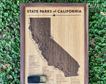 California State Parks push pin map; wooden travel tracker map of the California State Park system with brass pins; Fathers Day gift outdoor