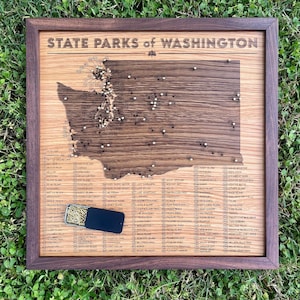 Washington State Parks push pin map; wooden travel tracker map of the Washington State Park system with brass pins; Fathers Day outdoors