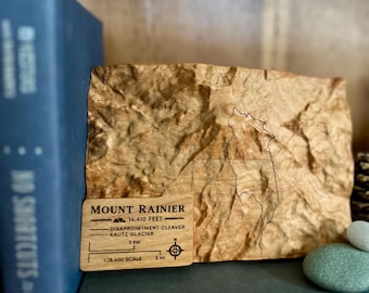 Mount Rainier 3D Summit Trail Map with optional personalization; trophy plaque detailing the topography & most common summit routes