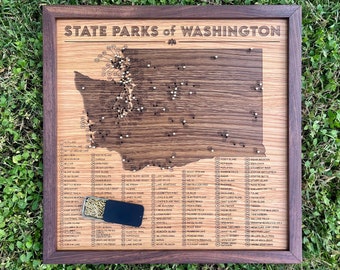 Washington State Parks push pin map; wooden travel tracker map of the Washington State Park system with brass pins; Fathers Day outdoors