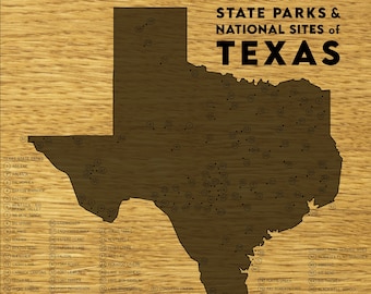 Texas State Parks and NPS Sites push pin map; wooden travel tracker map including Texas&#39; National Park Service Sites, with brass pins