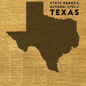 Texas State Parks and NPS Sites push pin map; wooden travel tracker map including Texas&#39; National Park Service Sites, with brass pins