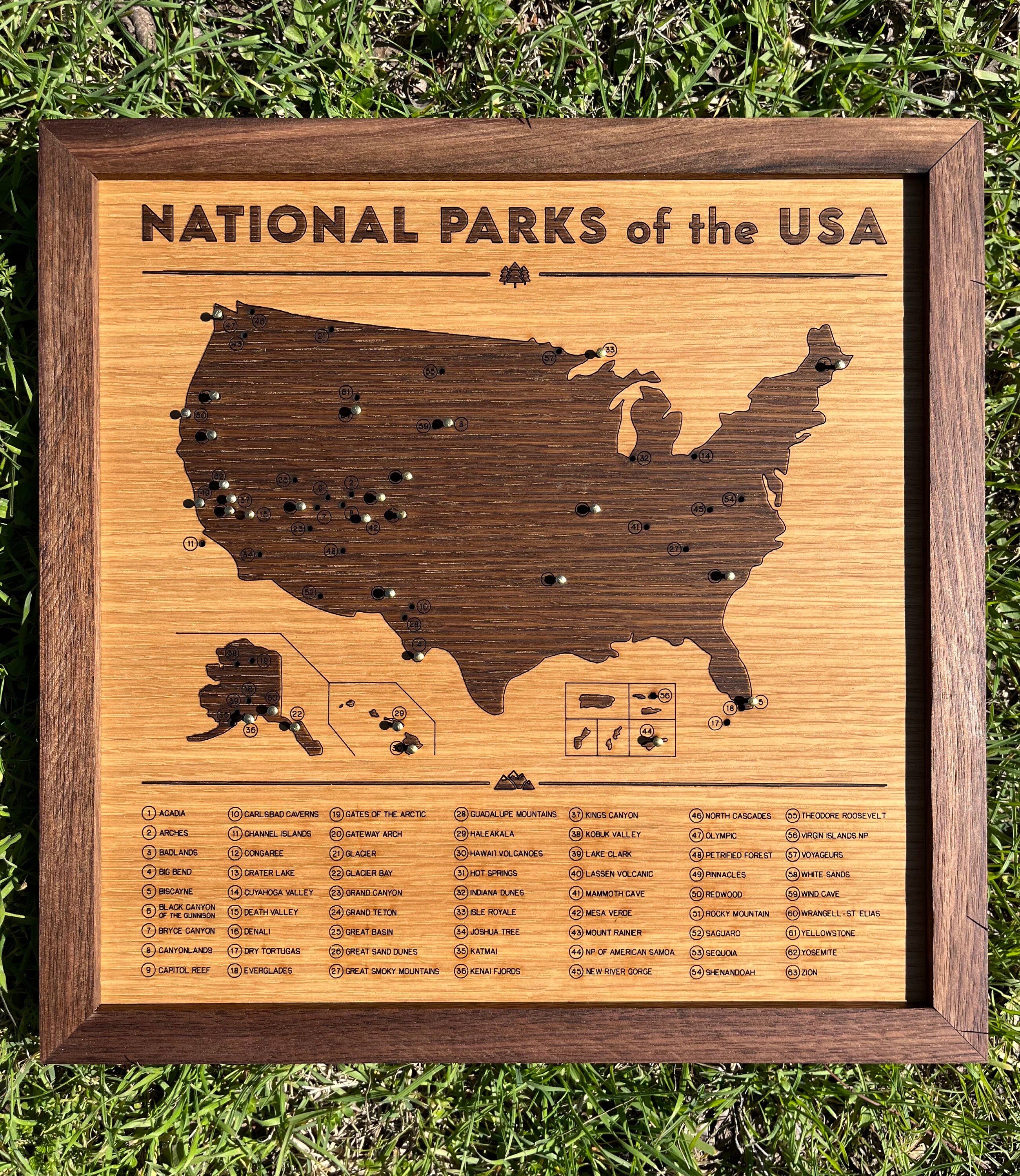 National Parks Push Pin Map, 13" X 13"; Wooden Travel Tracker Map of