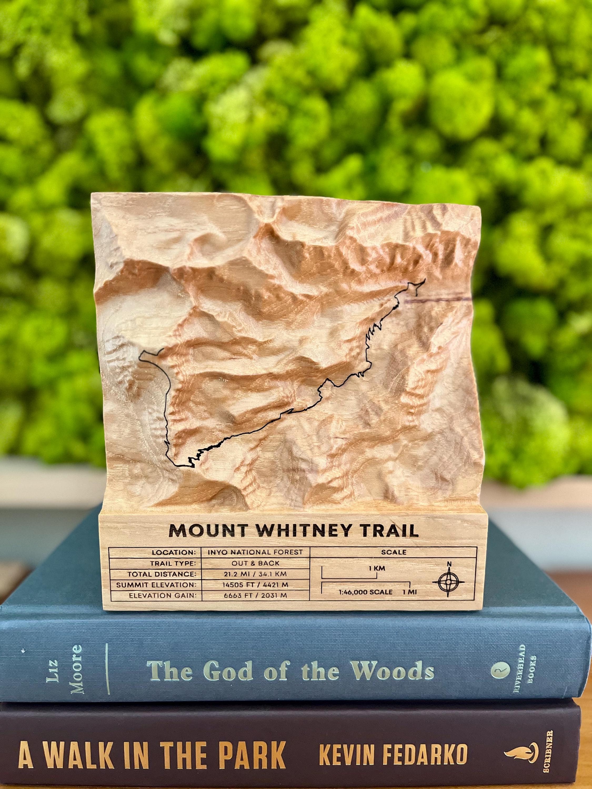 Mount Whitney summit 3D Trail Map; plaque-style trophy detailing the topography and trail route of the Mt. Whitney Trail