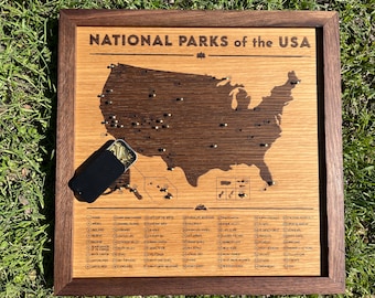 National Parks push pin map, 13&quot; x 13&quot;; wooden travel tracker map of United States National Park system with brass pins; gift for hiker