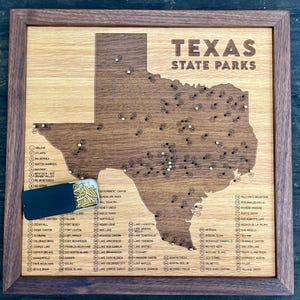Texas State Parks push pin map; 2 sizes; wooden travel tracker map of the Texas State Park system with brass pins; gift for hiker, nature