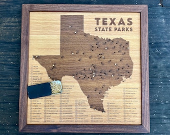 Texas State Parks push pin map; 2 sizes; wooden travel tracker map of the Texas State Park system with brass pins; gift for hiker, nature