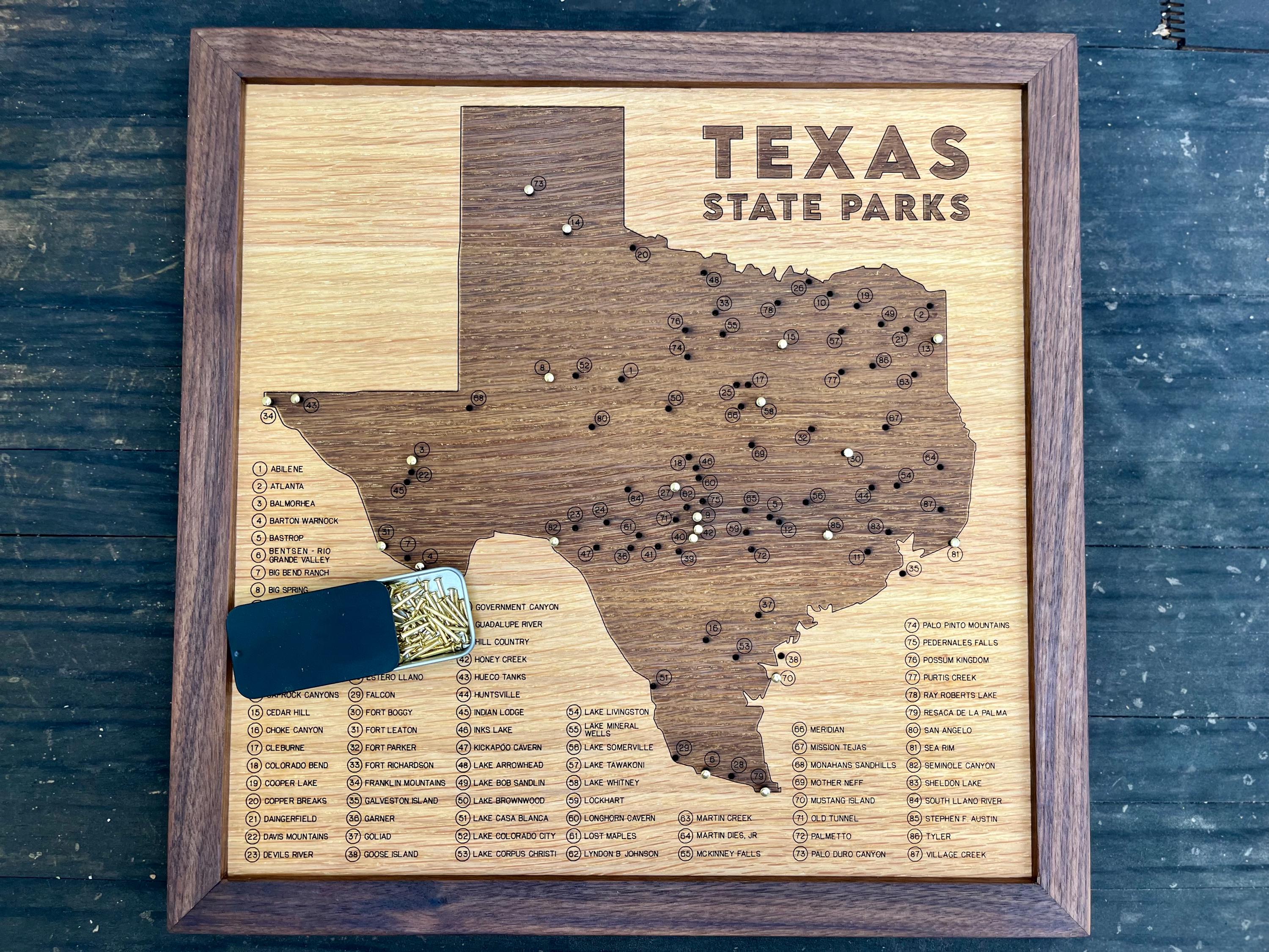 Texas State Parks push pin map; 2 sizes; wooden travel tracker map of the Texas State Park system with brass pins; gift for hiker, nature