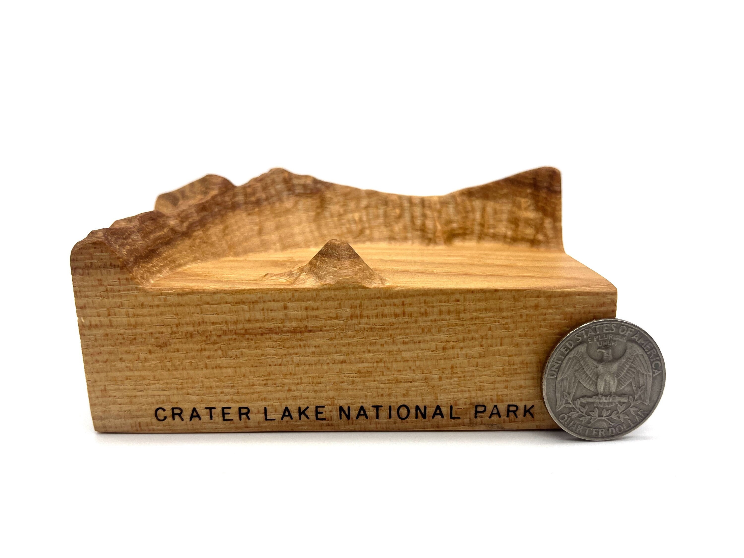 Crater Lake National Park topography model; solid wood carving of Wizard Island; National Park souvenir, gift for hiker, climber, explorer