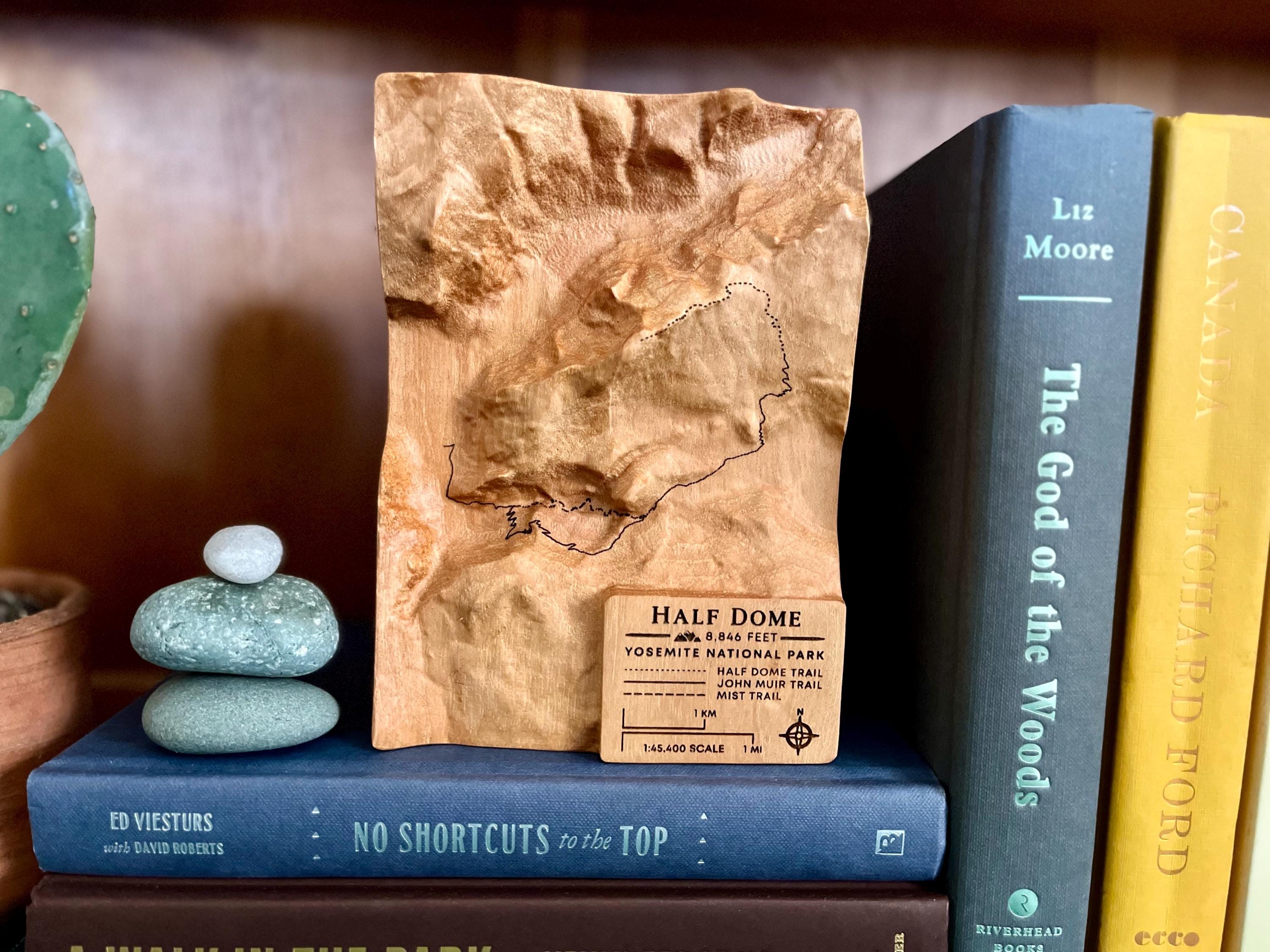 Half Dome 3D Summit Trail Map with optional personalization; Yosemite trophy plaque detailing the topography & most common summit routes