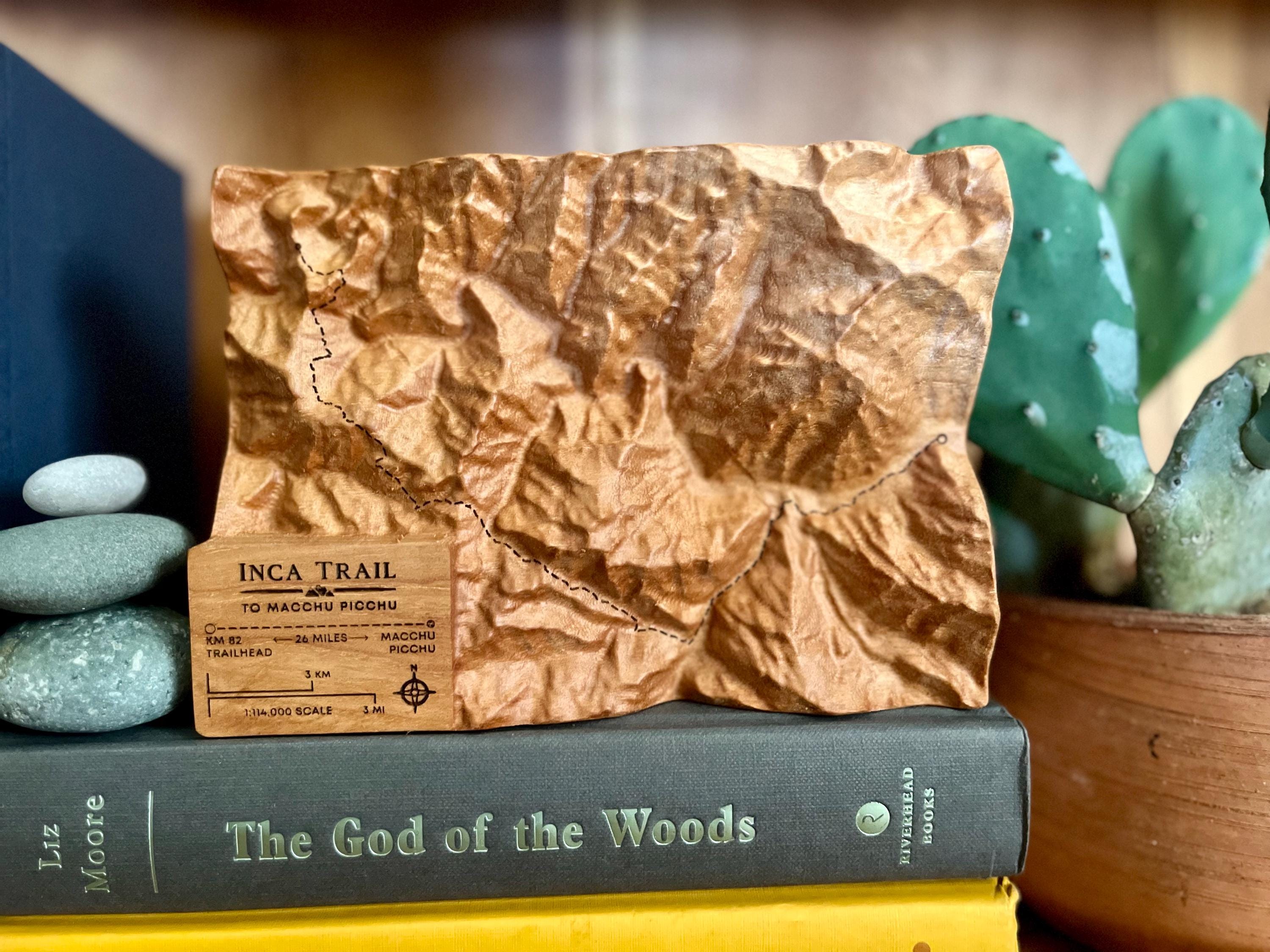 Inca Trail to Machu Picchu 3D map with optional personalization; trophy plaque detailing the topography and trail route from Piscacucho