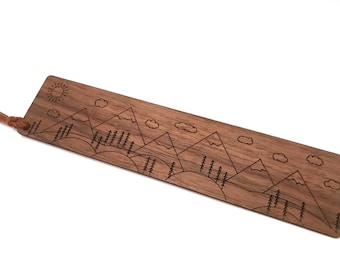 Mountainscape wooden bookmark with laser-etched mountain scene artwork; solid walnut with nature inspired mountain art