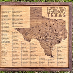 Texas State Parks push pin map with NPS sites and State Historic Sites, 17&quot; x 16&quot;; wooden travel tracker map with brass pins, gift for hiker
