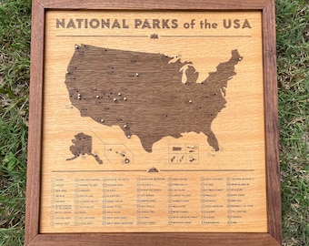 National Parks push pin map, 16&quot; x 16&quot;; wooden travel map of United States National Park system with brass pins; gift for hiker and outdoors