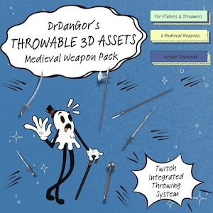 May include: A cartoon-style graphic on a blue background, featuring medieval weapons and a surprised character. Text reads "DrDanGor's Throwables 3D Assets Medieval Weapon Pack" and "Twitch Integrated Throwing System". Includes 6 medieval weapons.