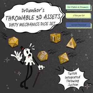 Könnte beinhalten: Ein Bild mit einem Satz goldfarbener Würfel mit schwarzen Zahlen, entworfen für VTuber und Streamer. Das Bild enthält den Text "DrDanGor's Throwables 3D Assets" und "Twitch Integrated Throwing System". Das Set enthält 5 Würfel.