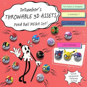Może przedstawiać: Kolekcja kolorowych Poké Balli, z różnymi wzorami i kolorami, na czerwonym tle. Obraz zawiera tekst "DrDanGor's THROWABLE 3D ASSETS Poké Ball MEGA Set!" i "15 Poké Balls!!!".