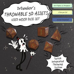 Könnte beinhalten: Ein Satz gebrauchter Holzwürfel mit goldfarbenen Zahlen, darunter ein 20-seitiger Würfel, ein Würfel, ein 12-seitiger Würfel, ein 4-seitiger Würfel und ein Würfel. Der Text "DrDanGor's Throwables 3D Assets Used Wood Dice Set" ist ebenfalls enthalten.