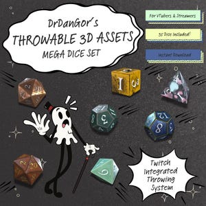 May include: An image featuring a collection of dice with the text "DrDanGor's THROWABLE 3D ASSETS MEGA DICE SET." The dice are various shapes and colors, including gold, green, blue, and a multi-colored pyramid. The image also includes the text "For VTubers & Streamers" and "35 Dice Included!"