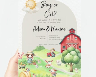 Plantilla de invitación para revelar el género de tu bebé con temática de granja, para niño o niña, diseño de acuarela, descarga instantánea editable de 5 x 7 pulgadas