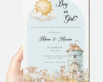 Plantilla de invitación para revelar el género de animales de granja, invitación para revelar el género de él o ella, diseño boho, descarga instantánea editable de 5 x 7 pulgadas