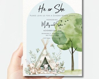 Plantilla de invitación para revelar el género de un bebé, estilo boho, para revelar el género de un bebé, para una tienda de campaña bohemia, descarga instantánea editable de 5 x 7 pulgadas