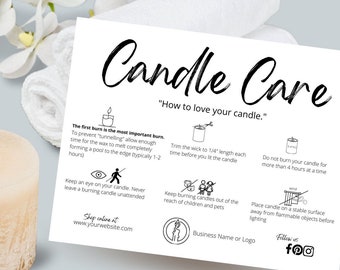 May include: Candle care instructions with tips on how to burn a candle safely and properly. The text includes instructions to trim the wick to 1/4 inch, burn for no more than 4 hours at a time, and keep candles out of reach of children and pets. The text also includes a website address and social media icons.