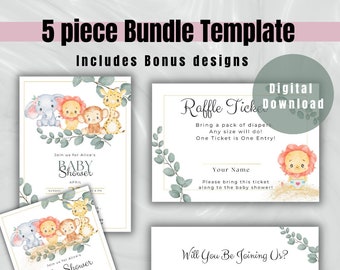 Bearbeitbares Safari-Tier-Babyparty-Einladungs-Bundle, Zoo-Tier einladen, Baby-Dusche-Einladung, Gewinnspielkarte Danke, dass Sie kardieren sofort-Download