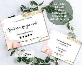 Thank You and Review our Store Template, Printable Review Card,  DIY Template, Peach Gold Watercolor, 15131