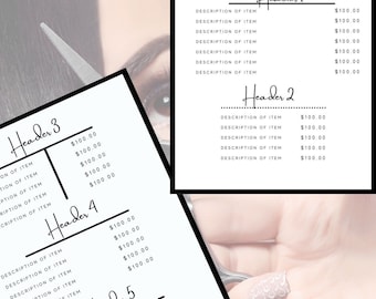 Beauty Salon Preisliste Vorlage, 5 x 7 "Preisliste, bearbeitbar, druckbar, DIY Preisliste Vorlage, SOFORTIGER DOWNLOAD, 5 Header-Optionen # 13