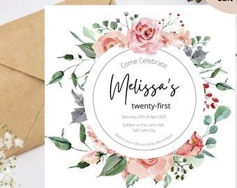 Rosa Rose und Creme Floral 21. Geburtstagseinladung Vorlage, Geburtstagseinladung, bearbeitbar, druckbar, DIY-Vorlagen, INSTANT DOWNLOAD # 20