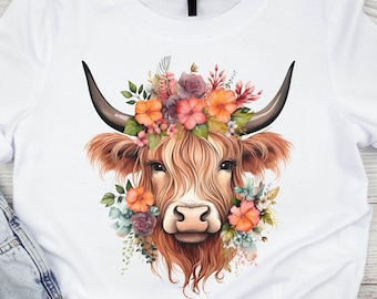 Transferencia floral boho, diseño bonito para camisetas, vaca del oeste, vaca de las Highlands en otoño / Transferencia directa a película