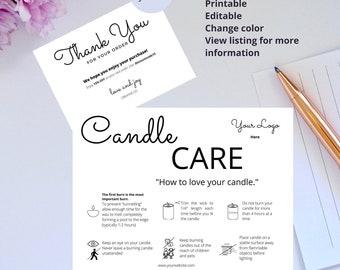 May include: A thank you card with the text "Thank You for Your Order" and "We hope you enjoy your purchase!"  The card also includes the text "love and joy" and "CREATIVE CO".  A candle care card with the text "Candle Care" and "How to love your candle."  The card includes instructions on how to burn a candle, including trimming the wick, burning time, and safety precautions.  The card also includes the text "Your Logo Here" and "www.yourwebsite.com".
