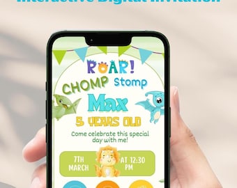 Invitación electrónica interactiva digital para teléfono con dinosaurio, invitación de cumpleaños con dinosaurio, invitación digital para fiesta de dinosaurios, fiesta de dinosaurios imprimible