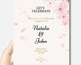 Kirschblüte-Verlobungs-Einladung, Geburtstags-Verlobungs-Hochzeitseinladung, Porträt 5 x 7 "bearbeitbar, sofortiger Download, CORJL-VORLAGE