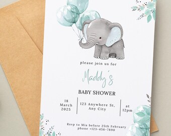 Invitación editable de baby shower con elefante, invitación con globos azules, invitación de safari con elefante para bebé niño, plantilla imprimible 2914