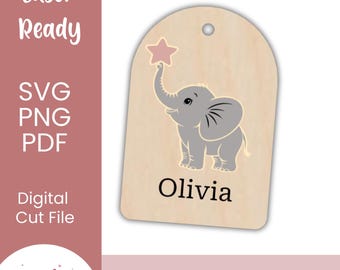Personalized Elephant Name Tag | Custom Baby Name Tag | Neutral Woodland Nursery - SVG File
