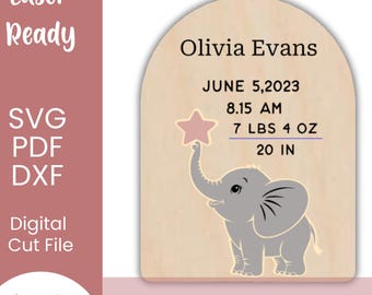 Elephant Birth Stats Nursery Plaque | Custom Name, Woodland Decor (SVG, PDF, DXF Digital Download)