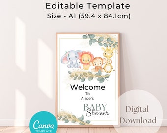 CUSTOM Safari Animal Baby Shower Willkommensschild, bearbeitbares Zeichen, Zoo Animal Sign, Baby Shower Gender Neutral Willkommensschild, Instant Download