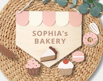 Custom Wooden Bakery Sign | Kids Playroom Decor, Pretend Play Kitchen Name Plate | House Signs