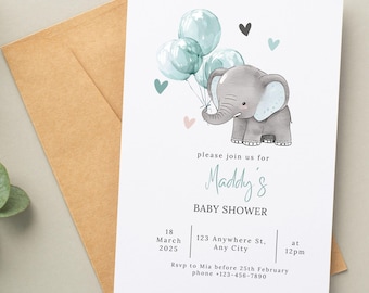 Invitación editable de baby shower con elefante, invitación con globos azules, invitación de safari con elefante para bebé niño, plantilla imprimible 2912