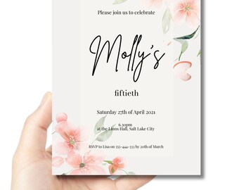 Invitación de cumpleaños con acuarela de flor de durazno, invitación de boda para compromiso número 50, retrato de 5 x 7 pulgadas, editable, descarga instantánea, PLANTILLA CORJL