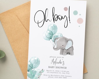 Invitación para baby shower de niño con elefante, invitación con globos azules, invitación imprimible de safari con elefante para bebé niño (2913)