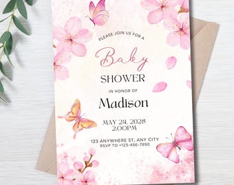 Convite editável em aquarela com borboletas e flores rosa e bege, convite personalizado para chá de bebê para impressão, download instantâneo #2915