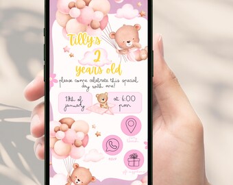 Invitación de cumpleaños con globo de oso, invitación digital interactiva para teléfono, invitación de cumpleaños con globo y oso, fiesta digital de oso