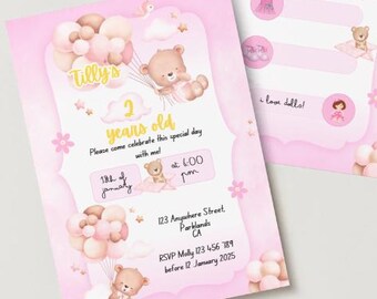 Invitación editable para fiesta de cumpleaños con osito de peluche y globos, para cualquier edad. Plantilla editable, imprimible, descarga instantánea #3303