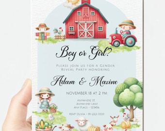 Plantilla de invitación para revelar el género de animales de granja, diseño de acuarela, descarga instantánea editable, 5 x 7 pulgadas