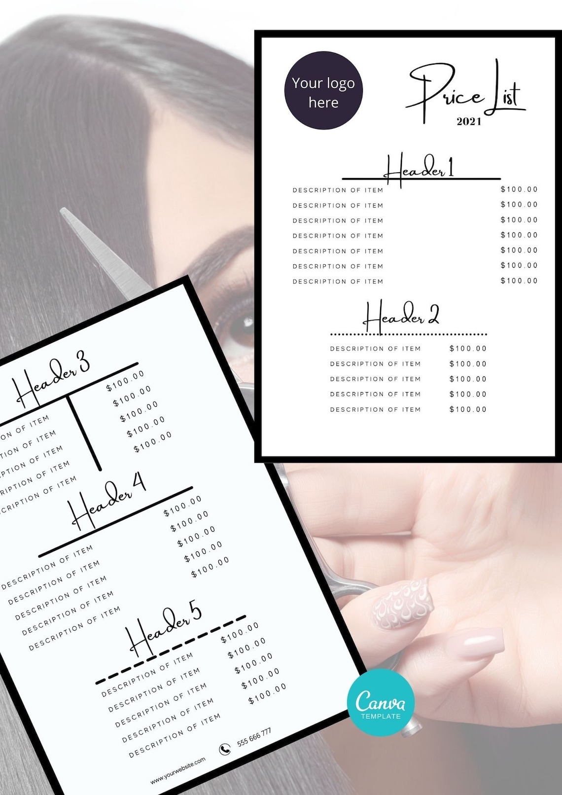 Beauty Salon Price List Template, 5 X 7 Price List, Editable, Printable