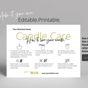 Carte de bougie modifiable, modèle d'entretien de bougie, carte d'entretien général, prenez soin de votre bougie, insert de colis de bougie, imprimable, DIY #2201