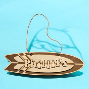 Panneau de porte nom de planche de surf 3D | Plaque de porte personnalisée pour chambre d&#39;enfant | Plaque nominative | Décoration de chambre sur le thème de la plage